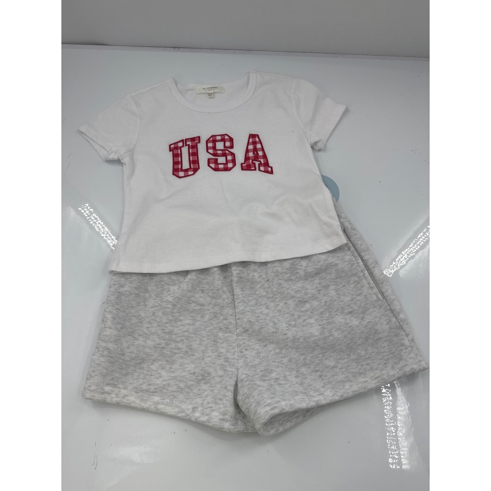 No Comment Girls USA Gingham Graphic Tee and Star Shorts Set White Gray Size 7/8